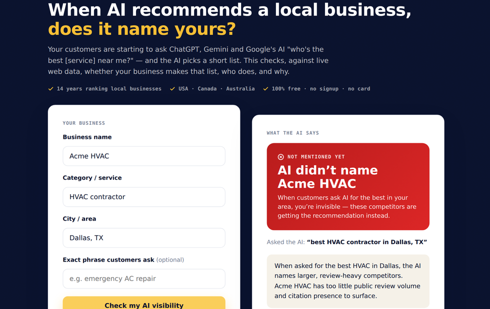 The AI Visibility Checker showing whether a business is named by AI and the competitors it recommends instead.