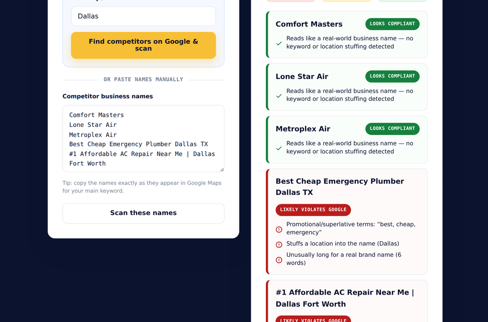 The Map Spam Detector flagging keyword-stuffed competitor names pulled live from Google.