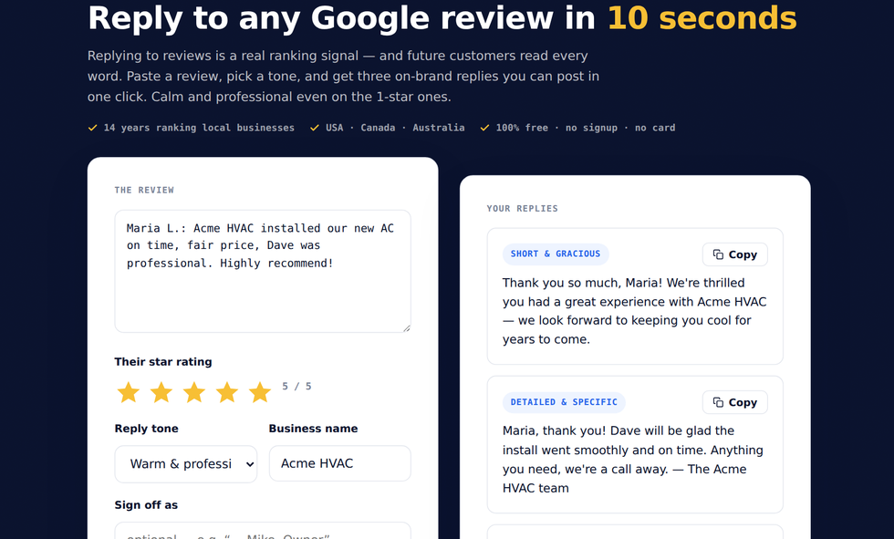 The AI Review-Reply Generator producing three reply options and a tip for a 5-star review.